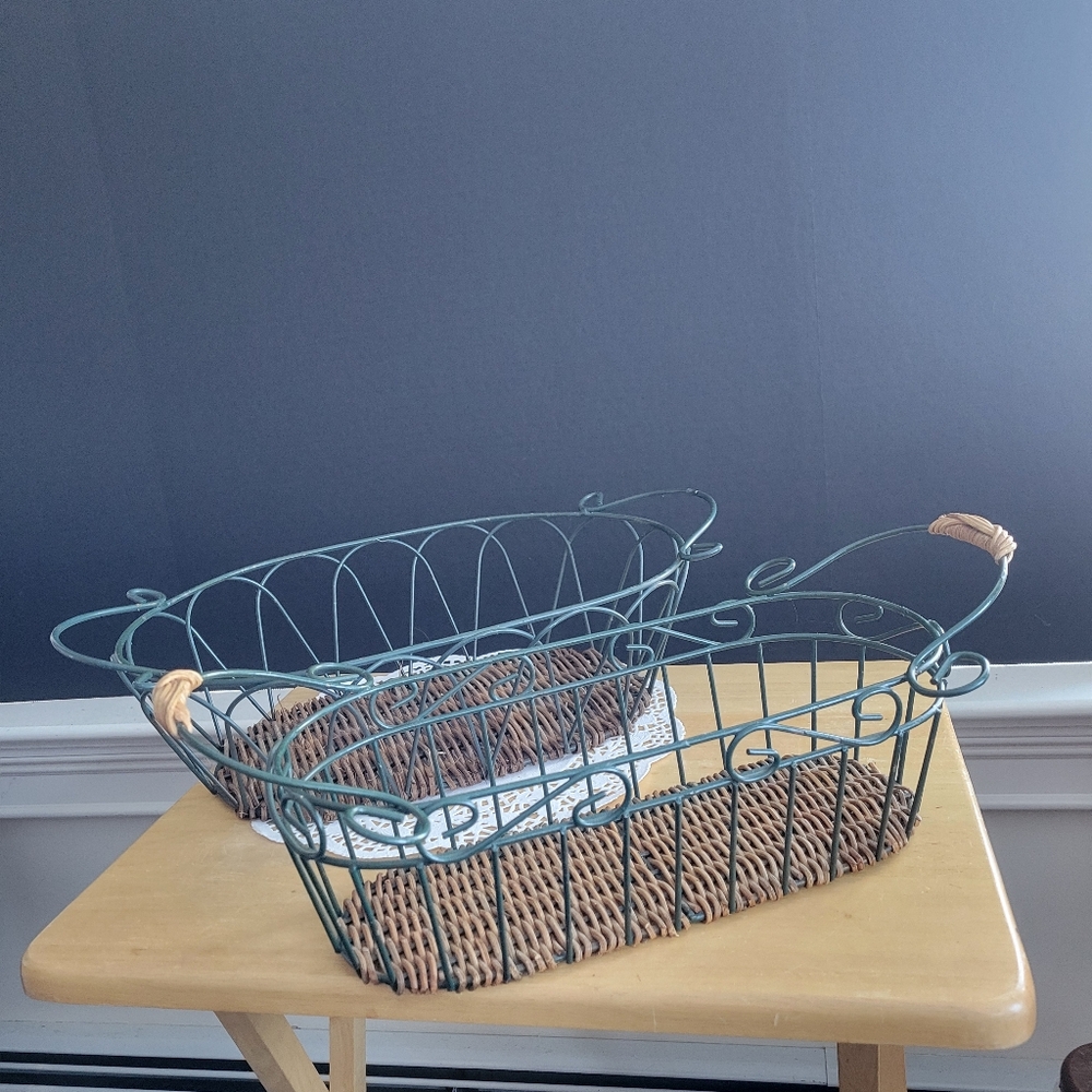 Pair of Decorative Green Wire Baskets with Wicker Woven Base & Handles